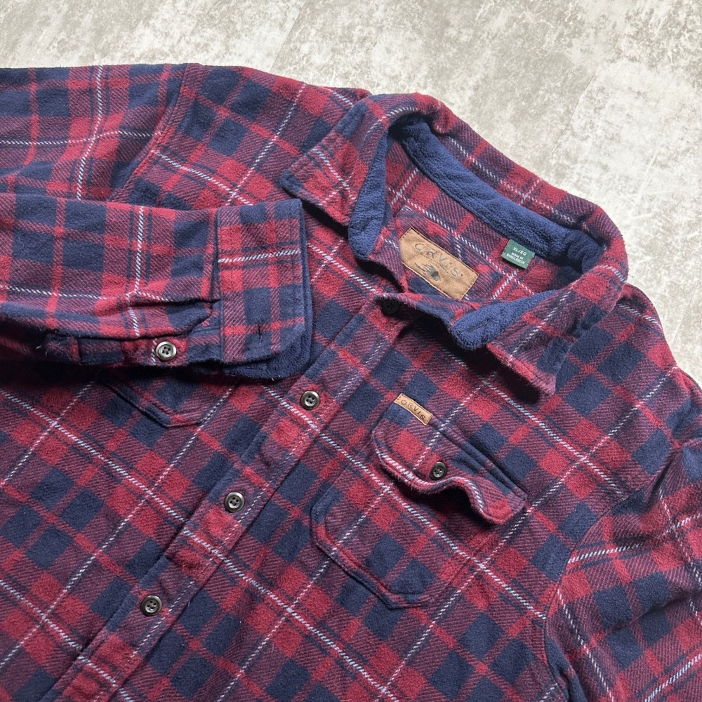 Orvis Flannel Overshirt Jacket Mens XL Red Navy Blue Plaid Fleece Lined Pockets